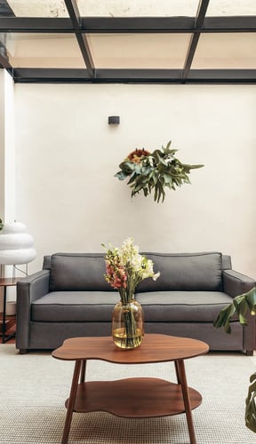 Light-filled living room with a glass ceiling, grey sofa, tropical plants, and a terracotta accent wall